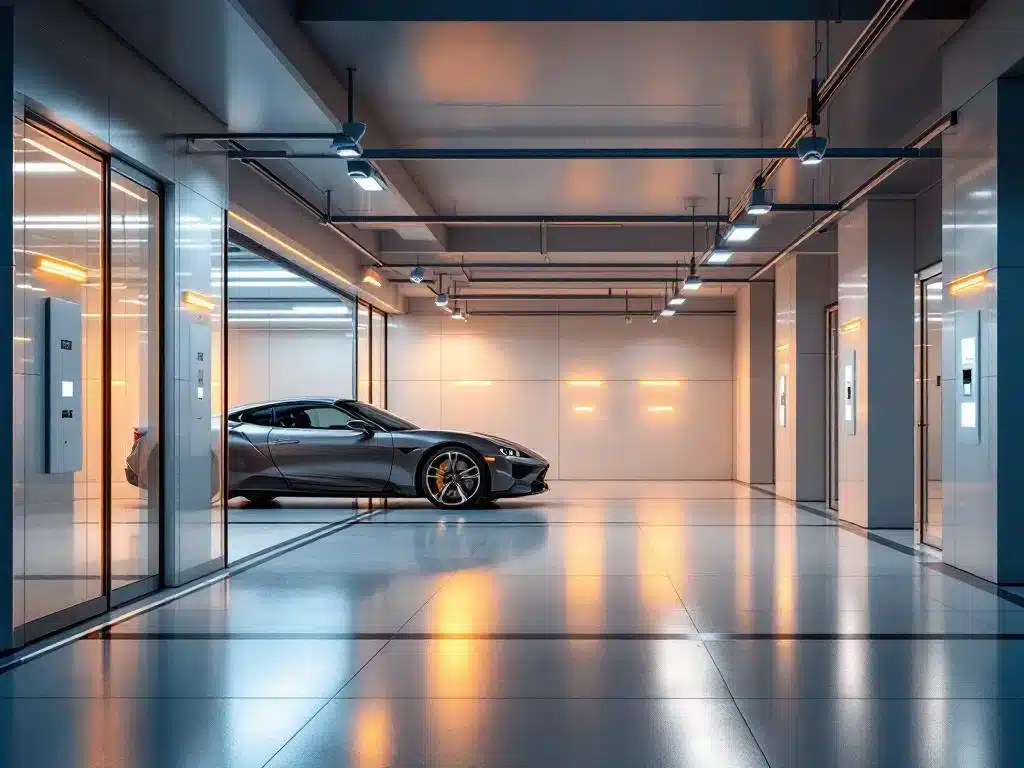Moderne beveiligde parkeergarage met schone betonvloeren, veiligheidscamera's en warme verlichting, luxeauto gedeeltelijk zichtbaar
