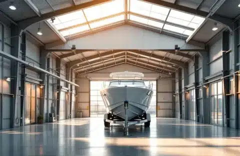 Witte plezierboot veilig opgeslagen in moderne overdekte botenstalling met natuurlijk licht en hoge plafonds