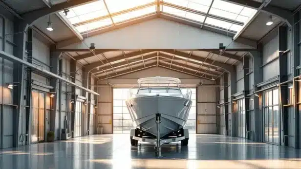 Witte plezierboot veilig opgeslagen in moderne overdekte botenstalling met natuurlijk licht en hoge plafonds