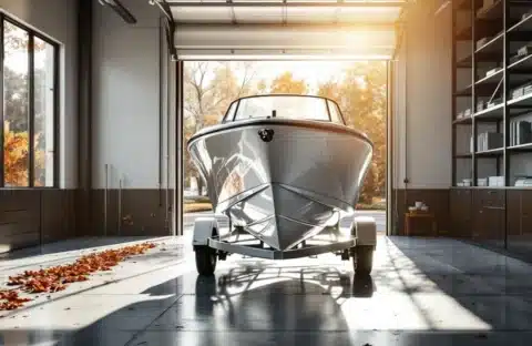 Witte motorboot op trailer in moderne, goed verlichte opslagloods met herfstzonlicht door grote ramen