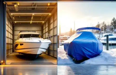 Twee boten in winteropslag: witte motorboot in overdekte loods versus boot onder blauwe dekzeil op besneeuwde jachthaven