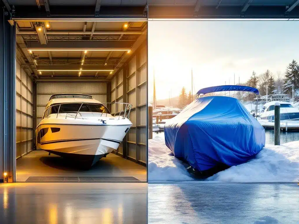 Twee boten in winteropslag: witte motorboot in overdekte loods versus boot onder blauwe dekzeil op besneeuwde jachthaven