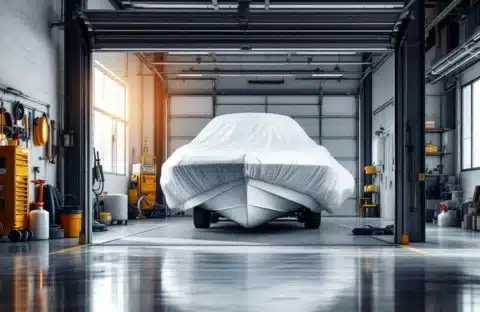 Witte motorboot met winterbescherming in professionele overdekte stalling met onderhoudsbenodigdheden