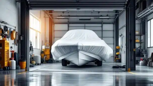 Witte motorboot met winterbescherming in professionele overdekte stalling met onderhoudsbenodigdheden
