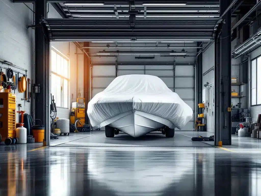 Witte motorboot met winterbescherming in professionele overdekte stalling met onderhoudsbenodigdheden