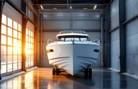 Witte plezierboot veilig opgeslagen in moderne, goed verlichte winterstalling met betonvloer en metalen frame