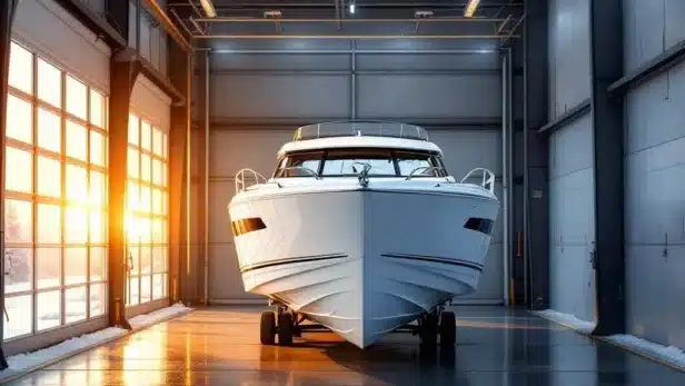 Witte plezierboot veilig opgeslagen in moderne, goed verlichte winterstalling met betonvloer en metalen frame