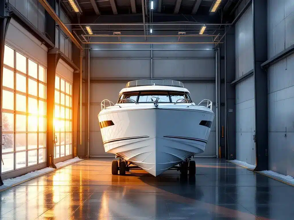 Witte plezierboot veilig opgeslagen in moderne, goed verlichte winterstalling met betonvloer en metalen frame