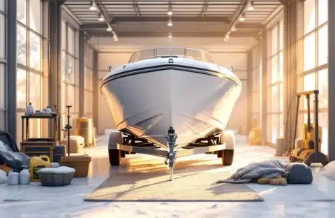 Witte boot op trailer in professionele winterstalling met onderhoudsgereedschap en beschermende hoezen