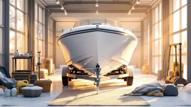 Witte boot op trailer in professionele winterstalling met onderhoudsgereedschap en beschermende hoezen