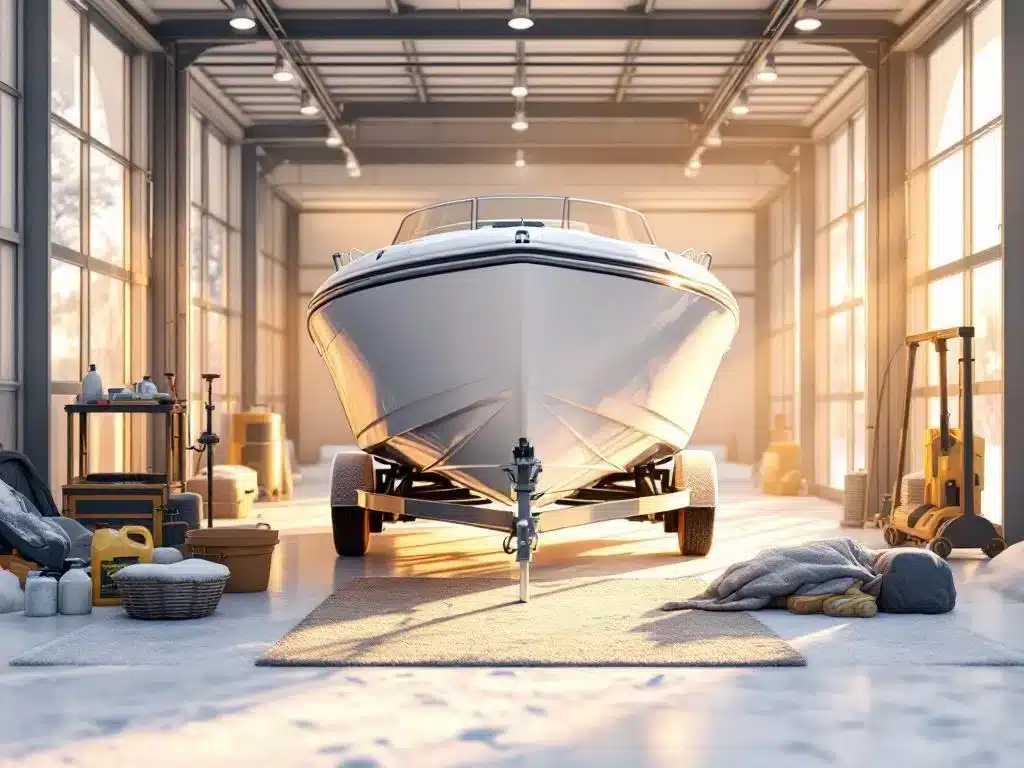 Witte boot op trailer in professionele winterstalling met onderhoudsgereedschap en beschermende hoezen