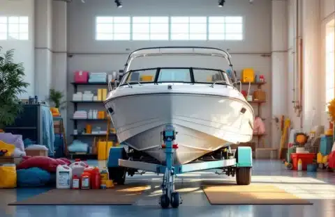 Witte motorboot op trailer in professionele winterstalling met antivries en onderhoudsspullen in moderne loods