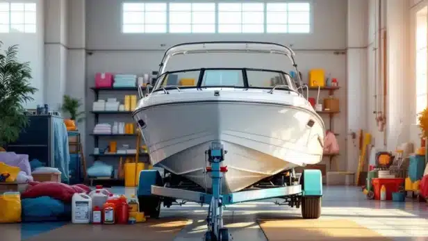 Witte motorboot op trailer in professionele winterstalling met antivries en onderhoudsspullen in moderne loods
