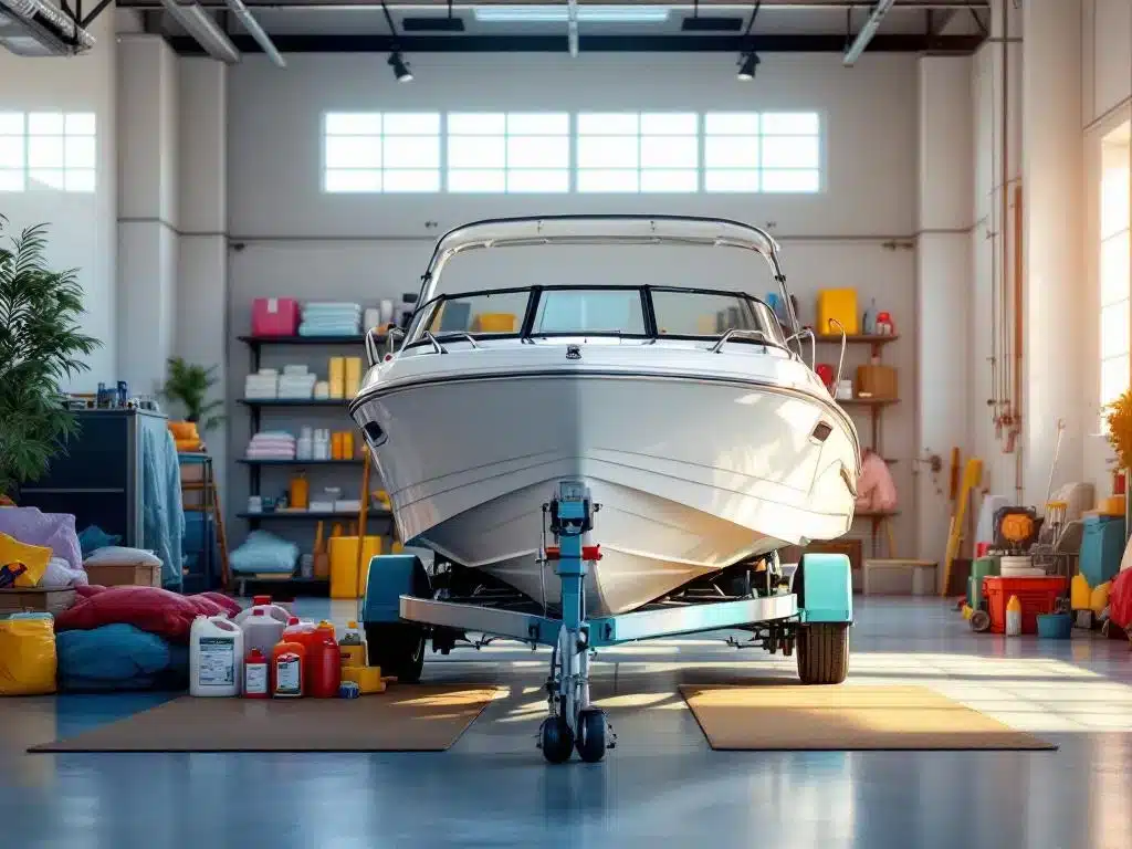 Witte motorboot op trailer in professionele winterstalling met antivries en onderhoudsspullen in moderne loods