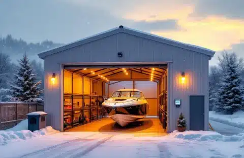 Moderne overdekte botenstalling met motorboot in winter, sneeuw op de grond en warme verlichting binnen de faciliteit.