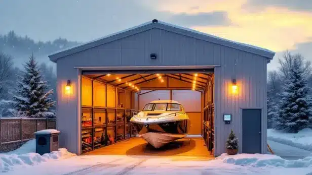 Moderne overdekte botenstalling met motorboot in winter, sneeuw op de grond en warme verlichting binnen de faciliteit.