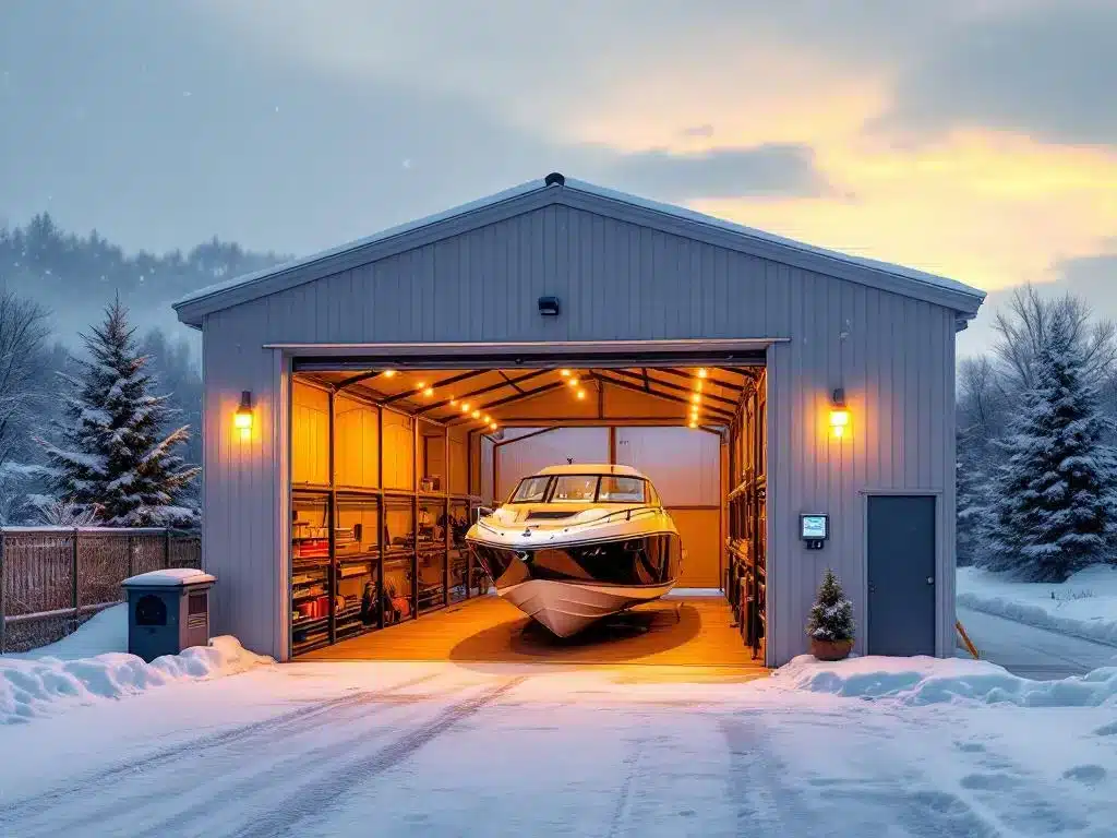 Moderne overdekte botenstalling met motorboot in winter, sneeuw op de grond en warme verlichting binnen de faciliteit.