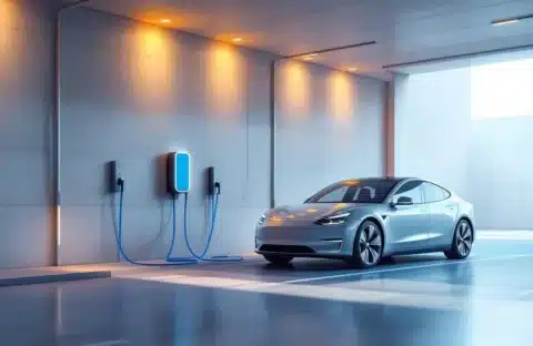 Elektrische auto laadt op in moderne overdekte parkeergarage met blauwe laadkabel en LED-verlichting