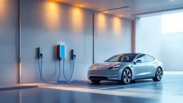 Elektrische auto laadt op in moderne overdekte parkeergarage met blauwe laadkabel en LED-verlichting