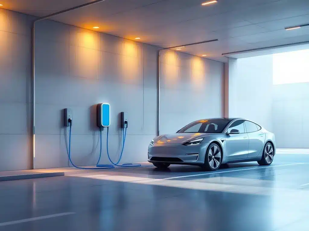 Elektrische auto laadt op in moderne overdekte parkeergarage met blauwe laadkabel en LED-verlichting