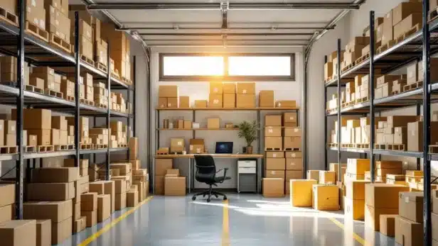 Georganiseerde garage omgetoverd tot moderne bedrijfswerkruimte met dozen op planken en laptop werkplek