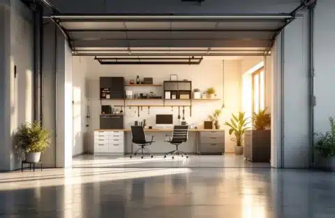 Moderne garage omgebouwd tot professionele werkruimte met bureau, opbergrekken en natuurlijk licht door open garagedeur
