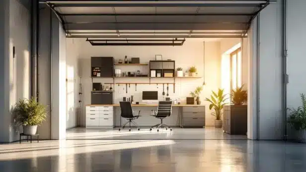 Moderne garage omgebouwd tot professionele werkruimte met bureau, opbergrekken en natuurlijk licht door open garagedeur