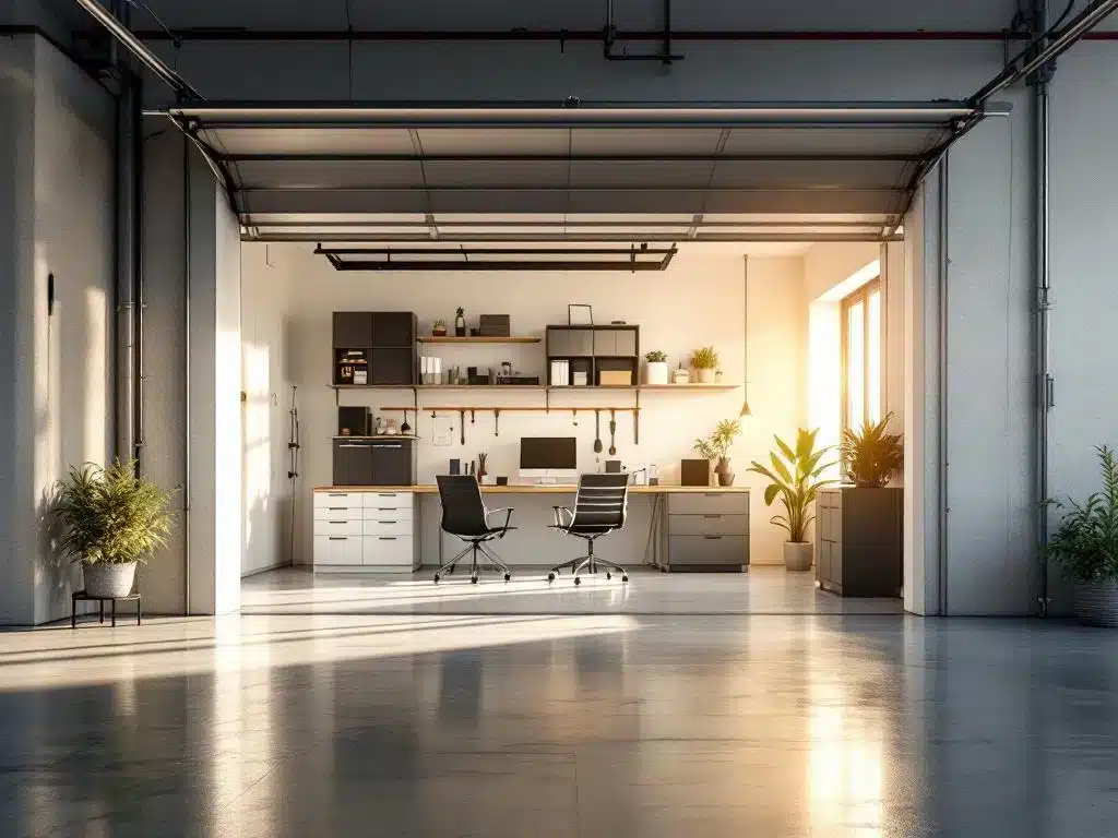 Moderne garage omgebouwd tot professionele werkruimte met bureau, opbergrekken en natuurlijk licht door open garagedeur