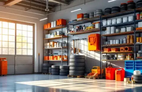 Georganiseerde garage met winterbanden, auto-onderdelen en moderne opbergoplossingen in helder natuurlijk licht