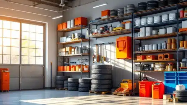 Georganiseerde garage met winterbanden, auto-onderdelen en moderne opbergoplossingen in helder natuurlijk licht