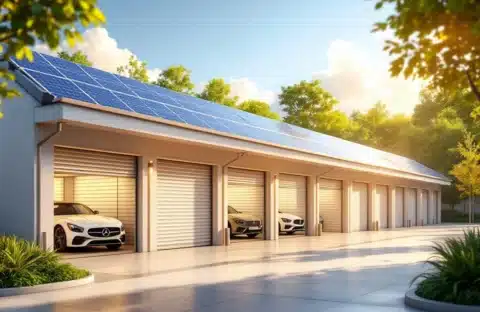 Moderne garageboxen faciliteit met open deuren, geparkeerde auto's, zonnepanelen en groen landschap