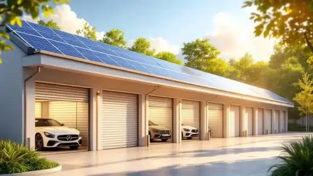 Moderne garageboxen faciliteit met open deuren, geparkeerde auto's, zonnepanelen en groen landschap