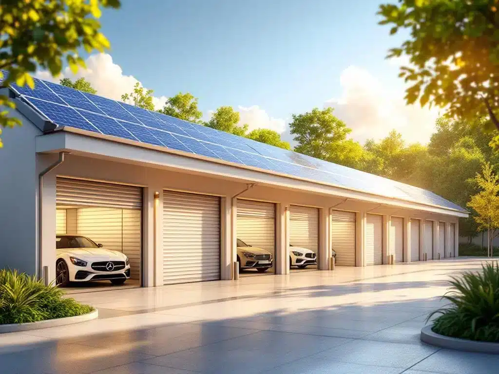 Moderne garageboxen faciliteit met open deuren, geparkeerde auto's, zonnepanelen en groen landschap