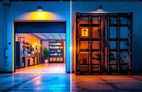 Vergelijking van moderne, goed verlichte garageunit met brede deuren versus verweerde zeecontainer met beperkte toegang