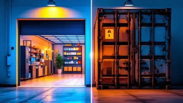 Vergelijking van moderne, goed verlichte garageunit met brede deuren versus verweerde zeecontainer met beperkte toegang