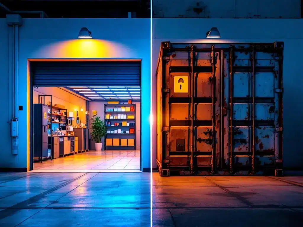 Vergelijking van moderne, goed verlichte garageunit met brede deuren versus verweerde zeecontainer met beperkte toegang