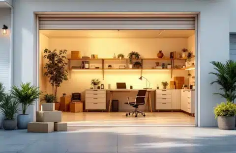 Moderne garage omgebouwd tot functionele werkruimte met bureau, opbergruimte en professionele kantoorbenodigdheden