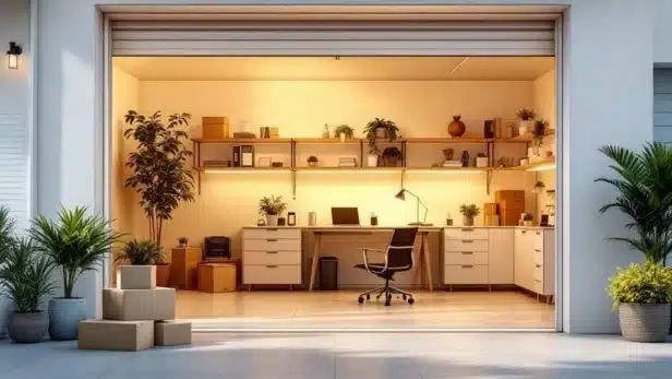 Moderne garage omgebouwd tot functionele werkruimte met bureau, opbergruimte en professionele kantoorbenodigdheden