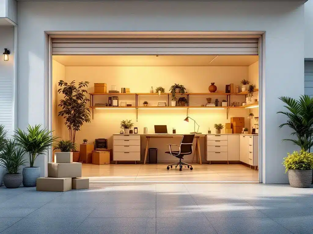 Moderne garage omgebouwd tot functionele werkruimte met bureau, opbergruimte en professionele kantoorbenodigdheden