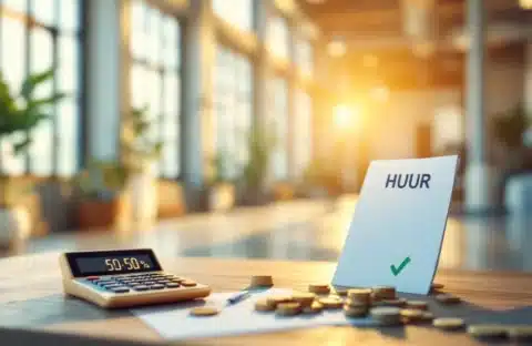 Moderne bedrijfsruimte met laag huurcontract, rekenmachine en munten op bureau, natuurlijk licht door grote ramen