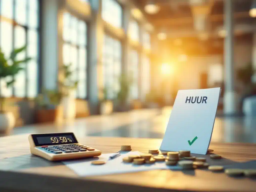 Moderne bedrijfsruimte met laag huurcontract, rekenmachine en munten op bureau, natuurlijk licht door grote ramen