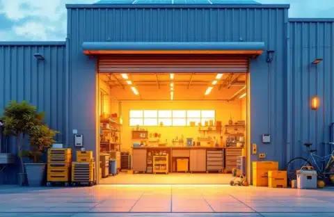 Moderne industriële garage met gedeeltelijk open deur toont schone werkplaats met gereedschap en zonnepanelen op dak