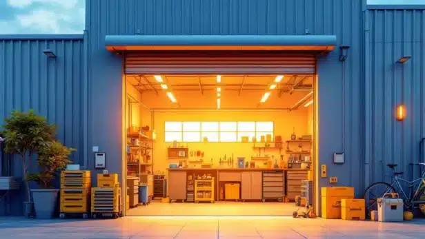 Moderne industriële garage met gedeeltelijk open deur toont schone werkplaats met gereedschap en zonnepanelen op dak