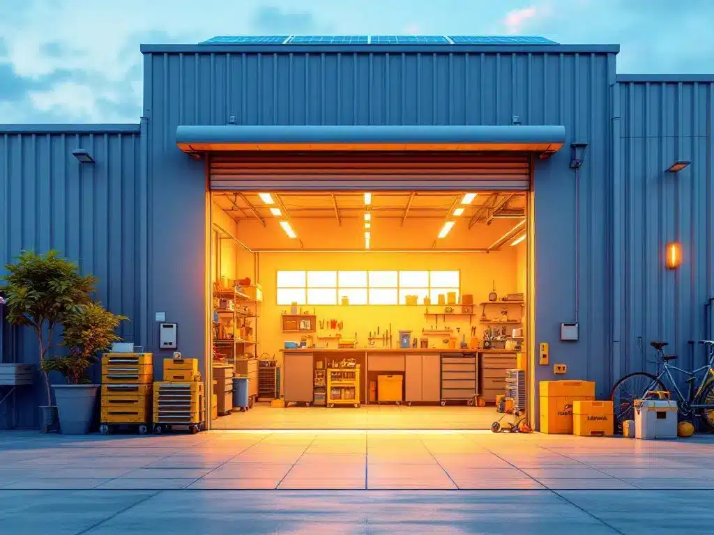 Moderne industriële garage met gedeeltelijk open deur toont schone werkplaats met gereedschap en zonnepanelen op dak