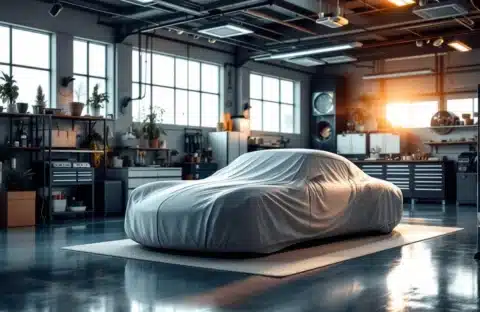 Vintage auto onder beschermhoes in ruime garage met professionele opslag, veiligheidsvoorzieningen en warme verlichting