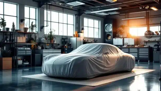 Vintage auto onder beschermhoes in ruime garage met professionele opslag, veiligheidsvoorzieningen en warme verlichting
