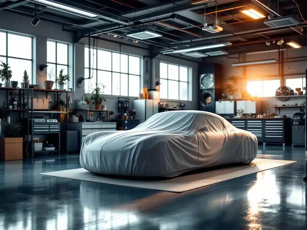 Vintage auto onder beschermhoes in ruime garage met professionele opslag, veiligheidsvoorzieningen en warme verlichting