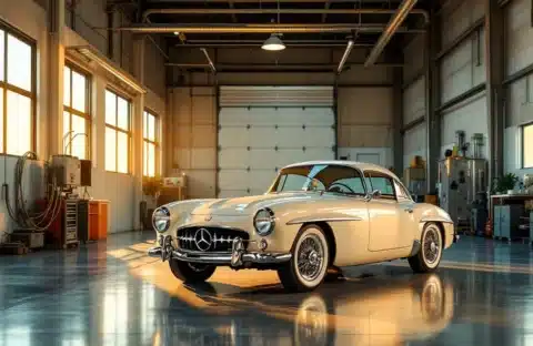 Glanzende vintage klassieke auto in moderne klimaatgecontroleerde garage met gouden zonlicht door grote ramen