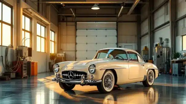 Glanzende vintage klassieke auto in moderne klimaatgecontroleerde garage met gouden zonlicht door grote ramen
