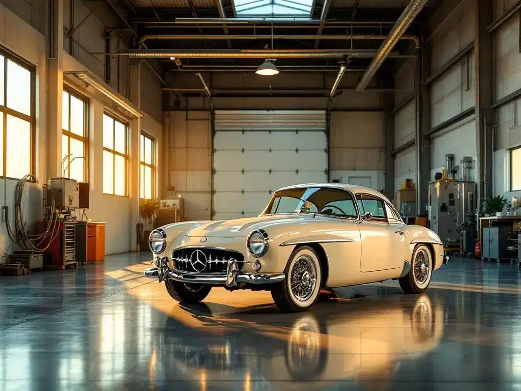 Glanzende vintage klassieke auto in moderne klimaatgecontroleerde garage met gouden zonlicht door grote ramen